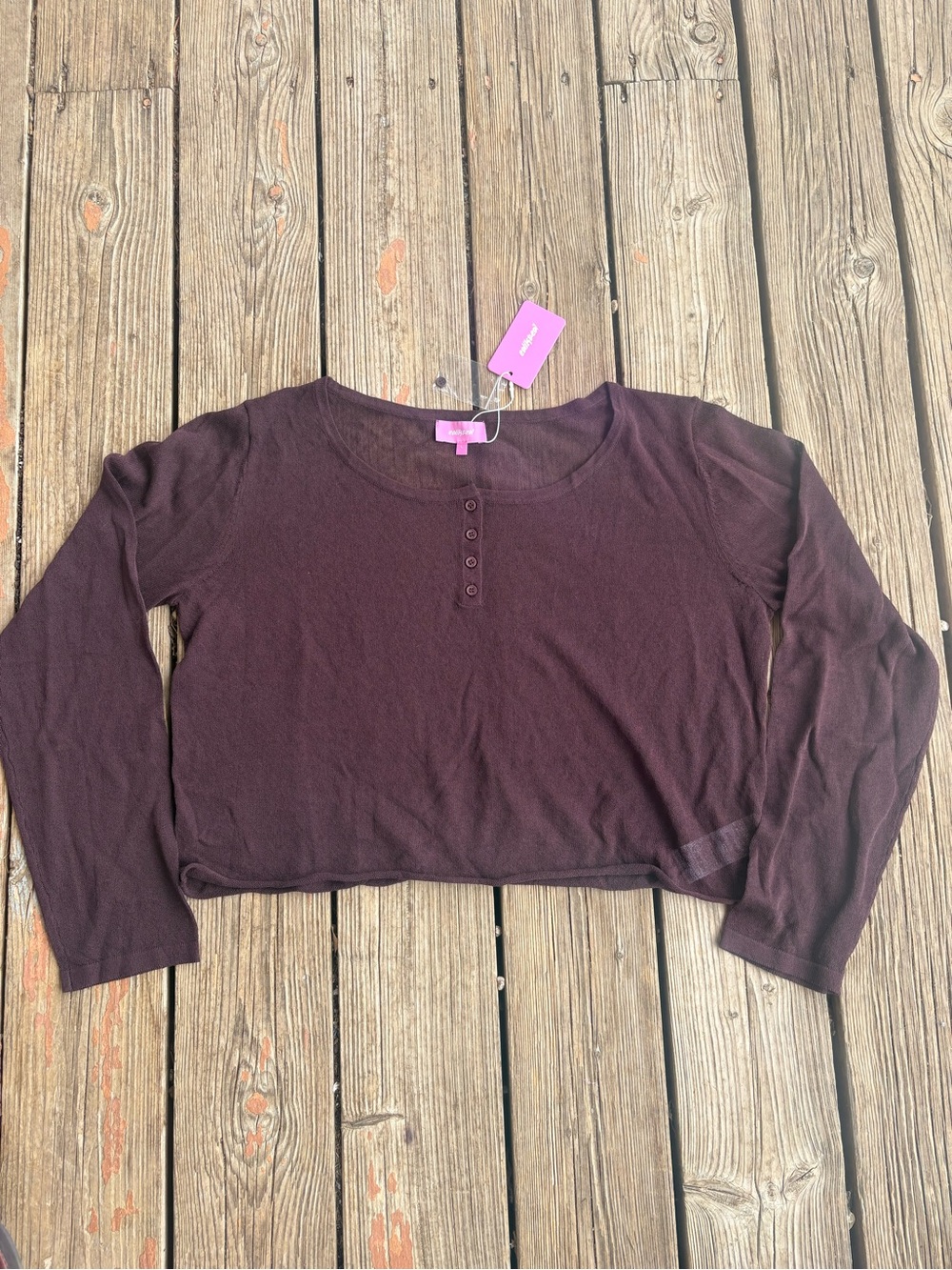 Long Sleeve Cropped Henley Top in Deep Plum